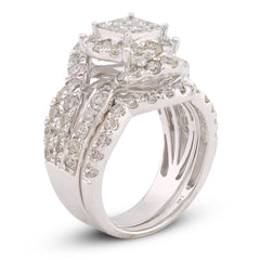 14k White Gold 3.13CTW Natural Diamond Halo Flower Cluster Centre Princess Cut Womens Ring w/ Band 6.6g