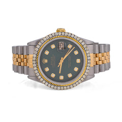 Mens 36MM Rolex Datejust 2.5CTW Natural Diamond Dial/Bezel Dark Green Face 10k Gold/SS Jubilee Band Watch