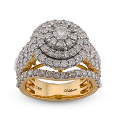 14k Yellow Gold 3CTW Halo Cluster Round Centre Natural Diamond Multi Row Womens Ring 10.3gms