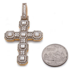 10k Yellow Gold 6.75CTW Block Cross Pendant Round/Baguette Natural Diamond Religious Charm 9.9gm