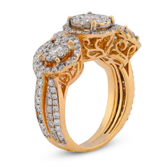 14K Yellow Gold 5CTW Natural Diamond 3 Circular Round Flower Cluster Womens Promise Ring 8.8g