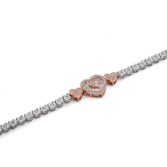 10k Rose/White Gold 1.05CTW 3 Heart Natural Diamond Baguette Womens Tennis 7" Bracelet 6.9gms