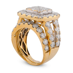 Square Shape Flower Cluster Halo 2 Row Natural Diamond 3.84CTW Womens Ring w/ Band 14k Yellow Gold 7.4gms