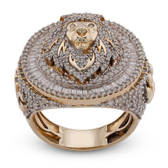 10k Yellow Gold 2.98CTW Round/Baguette Natural Diamond Lion Head/Paws Round Shape Men Pinky Ring 13.1gms