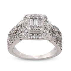 Rectangular Shape Baguette Centre Halo 0.875CTW Natural Diamond Womens Ring 14k White Gold 6.6g