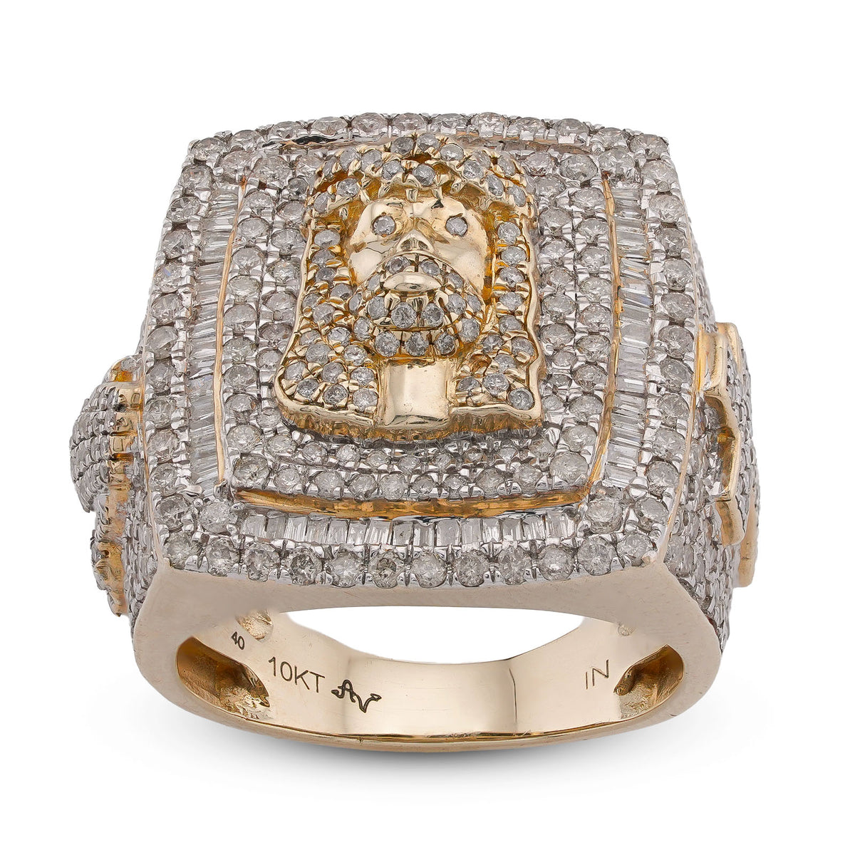 10k Yellow Gold Rectangular Shape Jesus Head w/ Cross Baguette 7.5CT Natural Diamond Mens Ring 14.9g