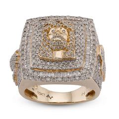 10k Yellow Gold Rectangular Shape Jesus Head w/ Cross Baguette 7.5CT Natural Diamond Mens Ring 14.9g