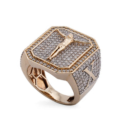 10k Yellow Gold Octagon Shape 3.95CTW Natural Diamond Hanging Jesus Mens Ring 11.9g