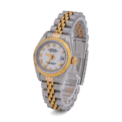 All Factory Womens 26MM Rolex Datejust 18k Gold/SS Fluted Bezel White Face Roman Numeral Dial Jubilee Band Watch