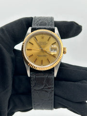 Rolex Datejust 36 Champagne Stick Dial on Generic Black Leather Strap Ref. 16233 1993