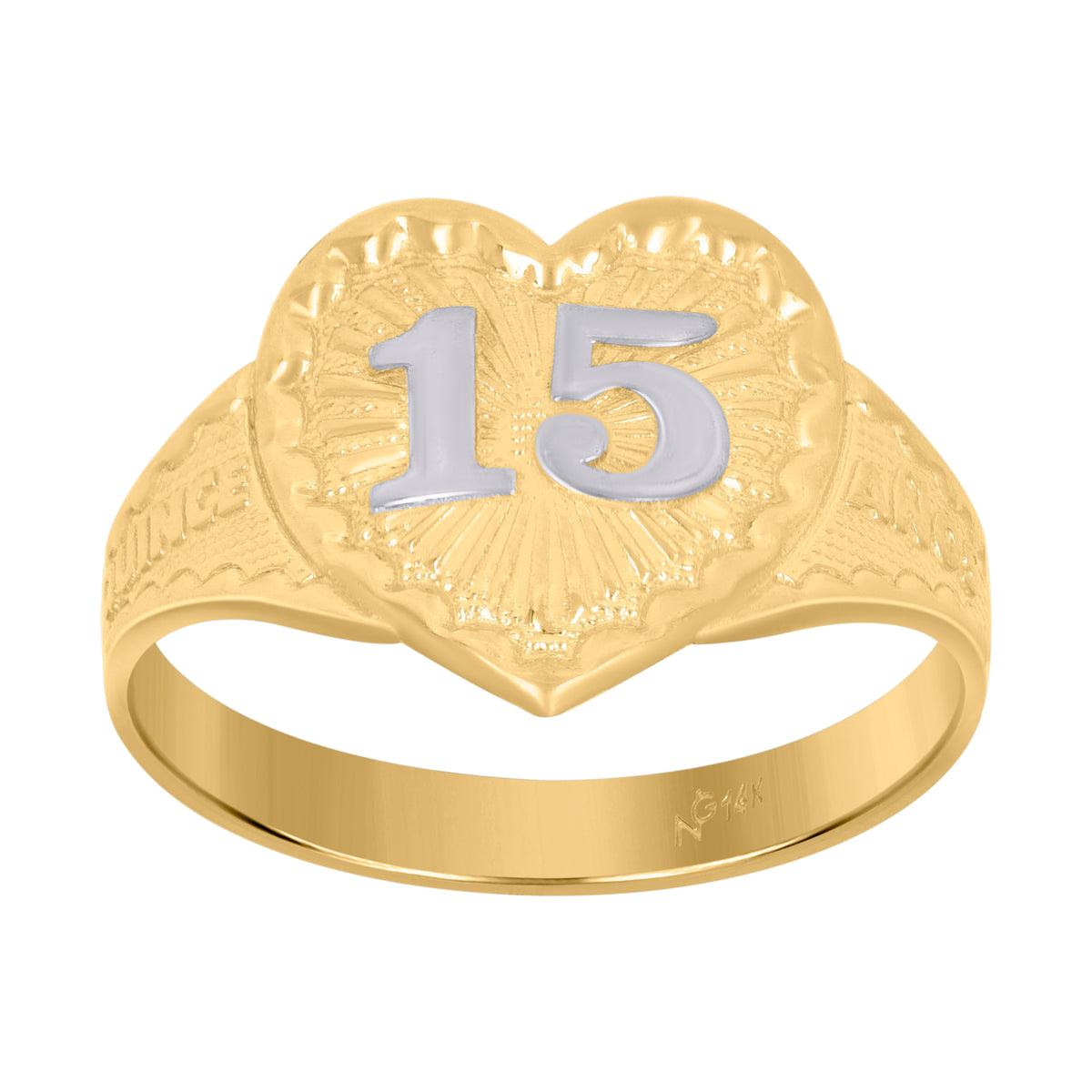 14Kt Gold Womens Two-Tone Diamond-Cut 15 Anos Sz7 Heart Quinceanera Band Ring