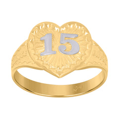 14Kt Gold Womens Two-Tone Diamond-Cut 15 Anos Sz7 Heart Quinceanera Band Ring