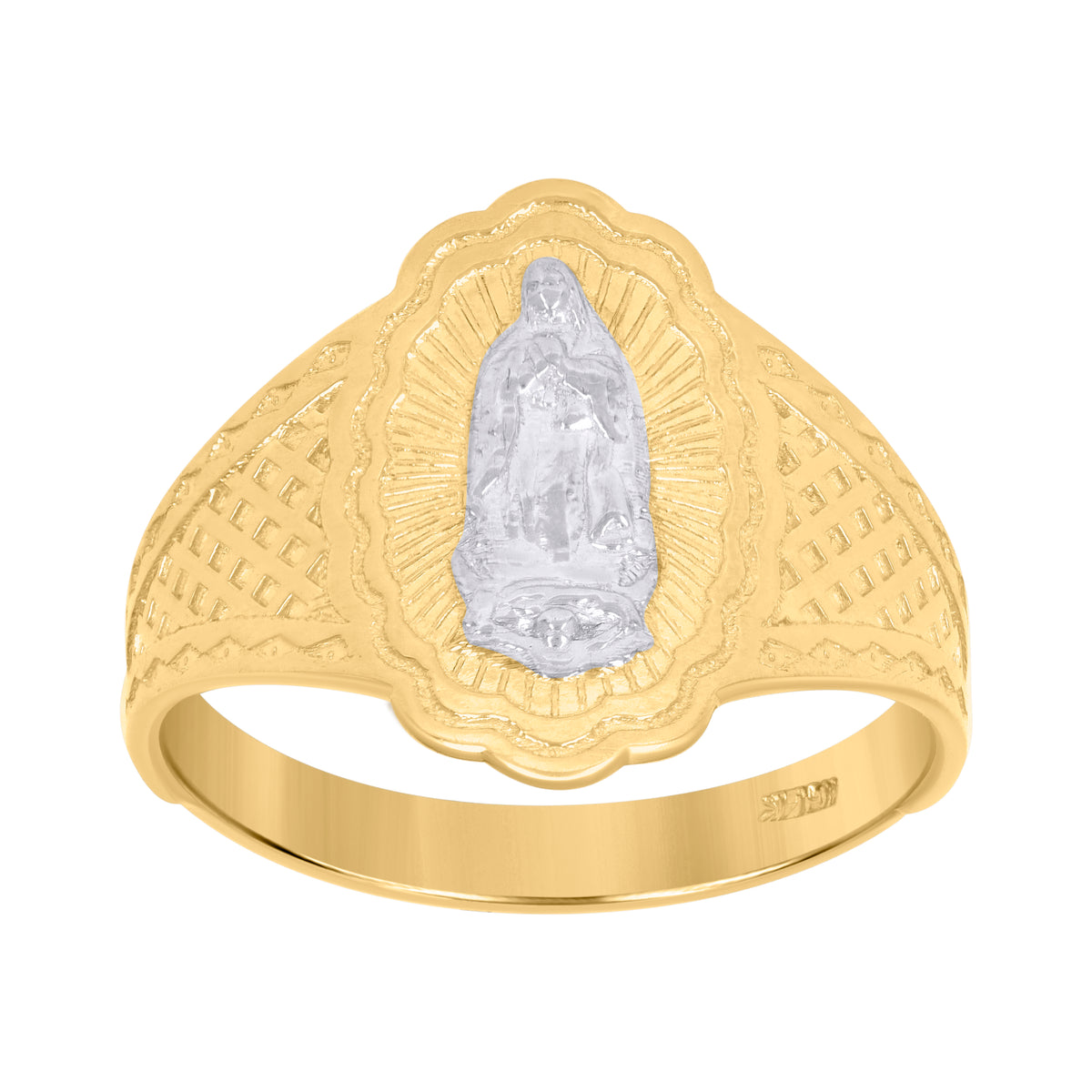 14Kt Gold Womens Two-Tone Guadalupe Marry Oval Sz7 Religious Band Ring
