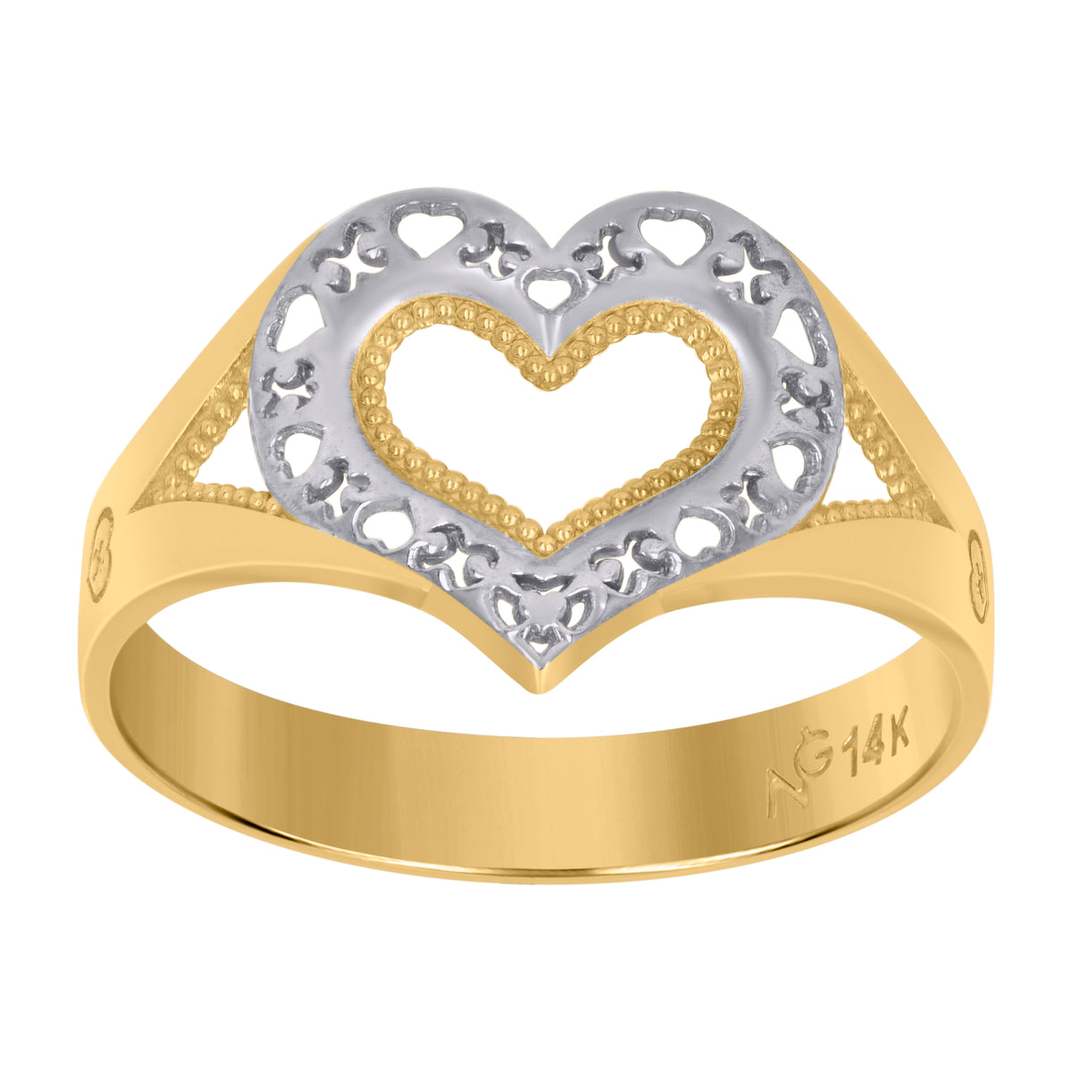 14Kt Gold Womens Heart Two-Tone Sz7 Band Ring