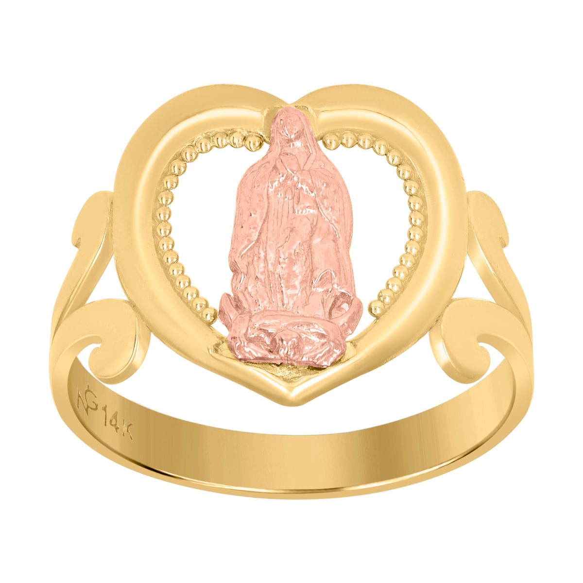 14Kt Gold Womens Two-Tone Guadalupe Mary Heart Sz7 Religious Band Ring