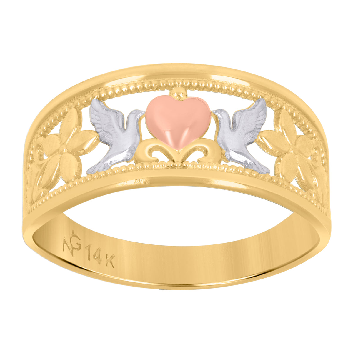 14Kt Gold Womens Tri-Color Heart Pigeons Sz7 Peace Band Ring