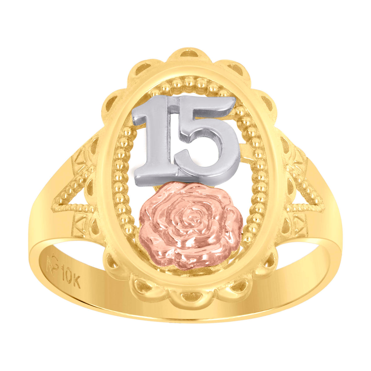 14Kt Gold Womens Tri-Color 15 Anos Flower Rose Sz7 Quinceanera Band Ring