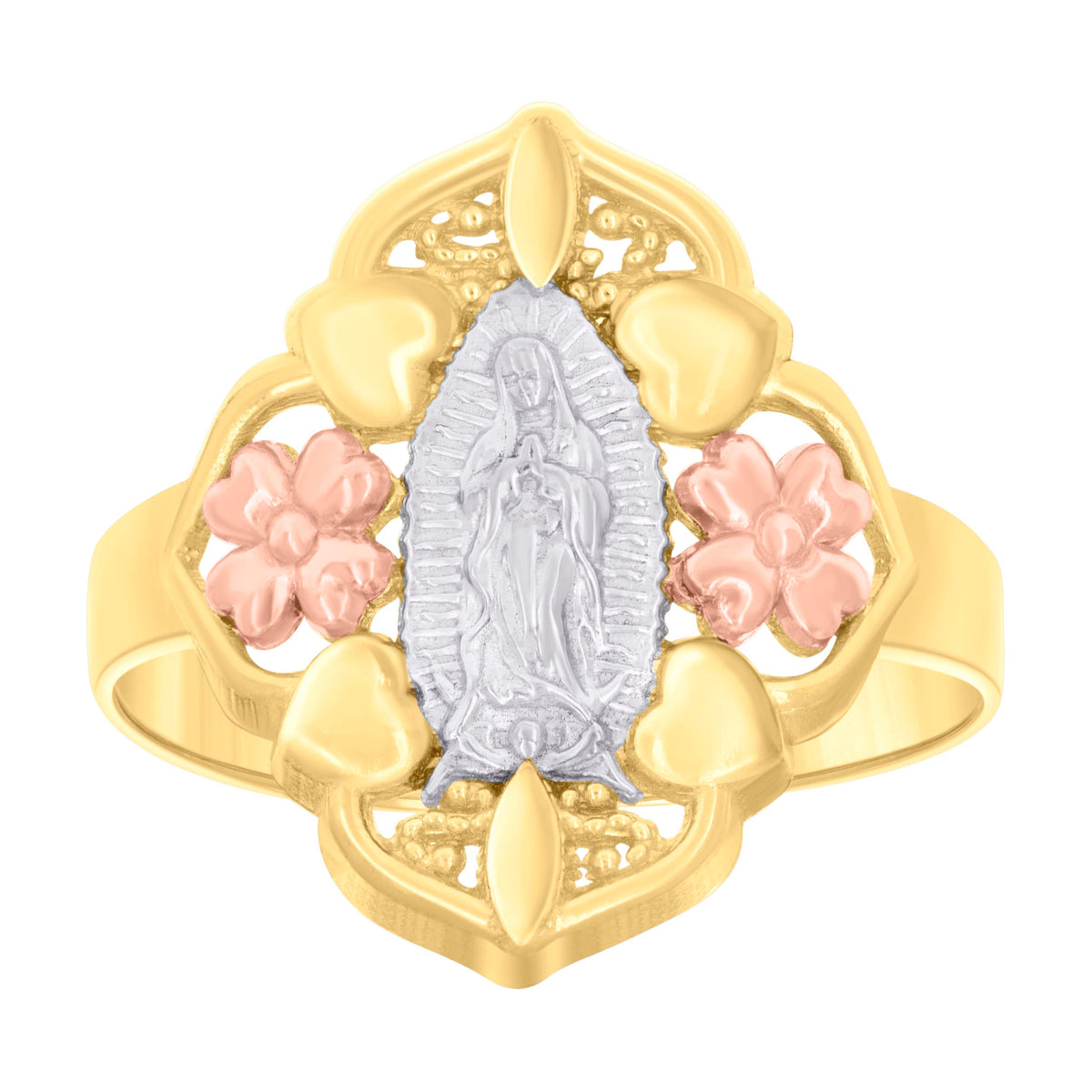14Kt Gold Womens Tri-Color Guadalupe Mary Flower Heart Sz7 Religious Band Ring