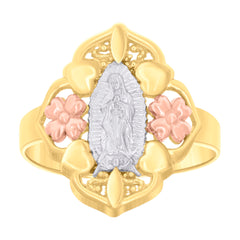 14Kt Gold Womens Tri-Color Guadalupe Mary Flower Heart Sz7 Religious Band Ring