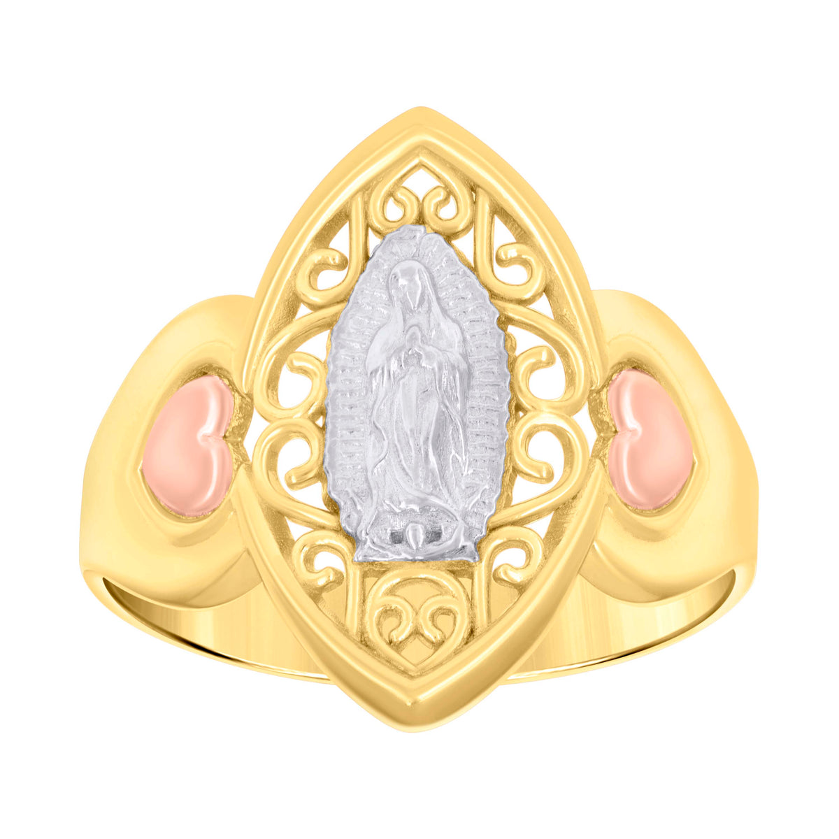 14Kt Gold Womens Tri-Color Guadalupe Mary Heart Sz7 Religious Band Ring