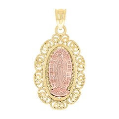 14Kt Gold Unisex Two-Tone Guadalupe Mary Oval Religious Pendant Charm