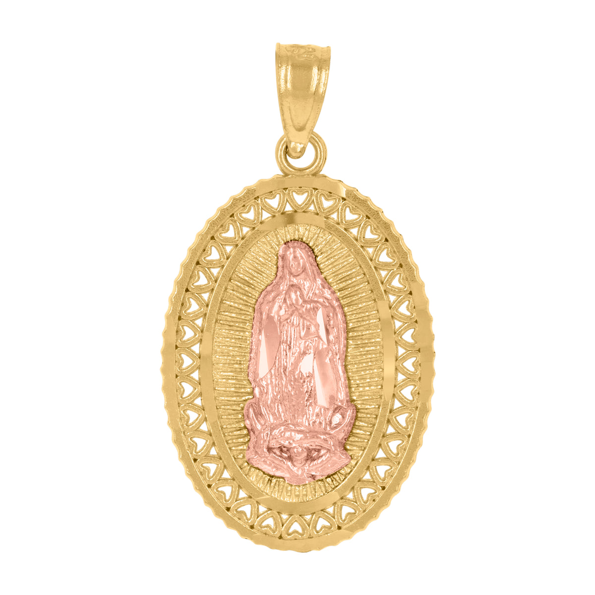 14Kt Gold Unisex Two-Tone Guadalupe Mary Oval Religious Ht:27.5Mm Pendant Charm