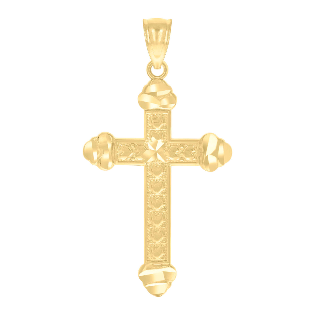 14Kt Yellow Gold Unisex Diamond-Cut Cross Hearts Religious Pendant Charm