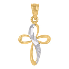 14Kt Gold Unisex Two-Tone Diamond-Cut Cross Ht:22.2Mm Religious Pendant Charm†