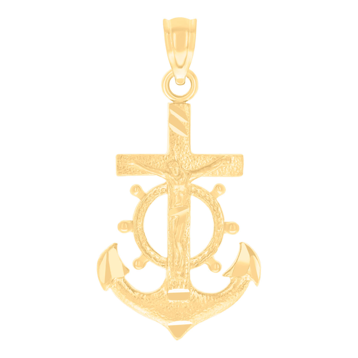 14Kt Yellow Gold Unisex Diamond-Cut Anchor Cross Crucifix Ht:26.8Mm Religious Pendant Charm