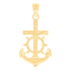 14Kt Yellow Gold Unisex Diamond-Cut Anchor Cross Crucifix Ht:26.8Mm Religious Pendant Charm