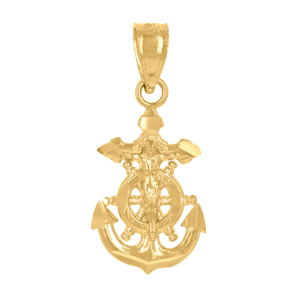 14Kt Yellow Gold Unisex Diamond-Cut Anchor Crucifix Cross Religious Pendant Charm