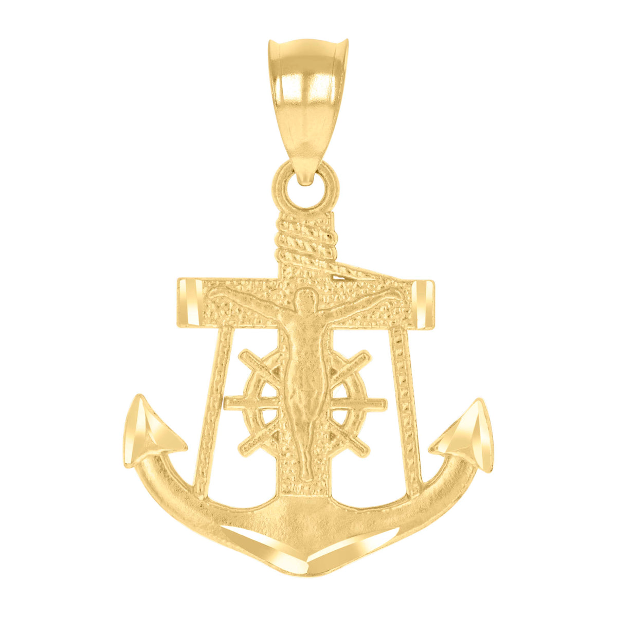14Kt Yellow Gold Unisex Diamond-Cut Anchor Cross Crucifix Religious Pendant Charm