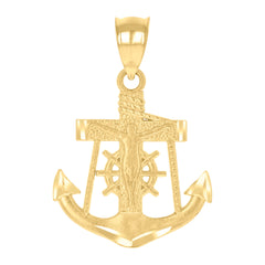 14Kt Yellow Gold Unisex Diamond-Cut Anchor Cross Crucifix Religious Pendant Charm