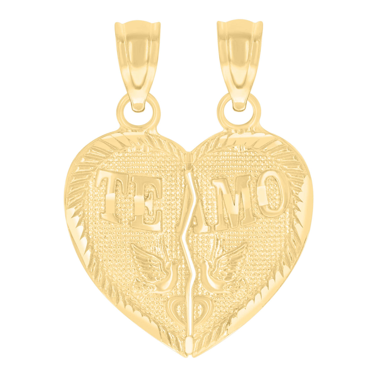14Kt Yellow Gold Womens Diamond-Cut Te Amo Broken Heart Birds Ht:21.5Mm Pendant Charm