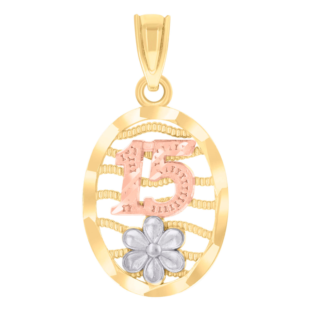 14Kt Tri-Color Gold Womens Diamond-Cut Textured 15 Anos Charm Pendant