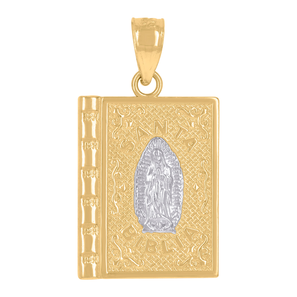 14Kt Gold Womens Two-Tone Santa Biblia Holy Bible Guadalupe Mary Religious Pendant Charm