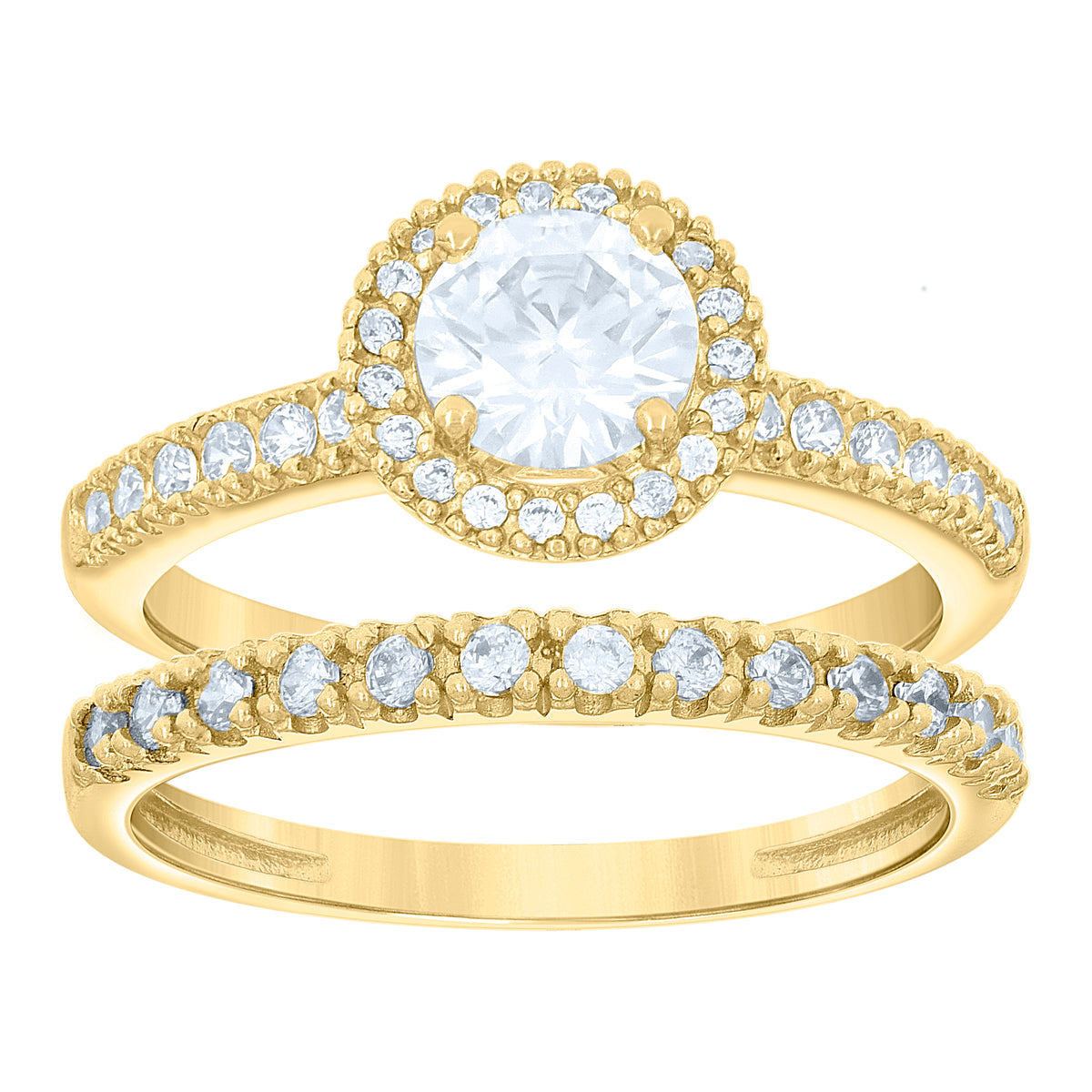 14Kt Two-Tone Gold Womens Cz Duo Round Head Center Stone White Sz7 Wedding Engagement Bridal Set Band Ring