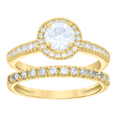 14Kt Two-Tone Gold Womens Cz Duo Round Head Center Stone White Sz7 Wedding Engagement Bridal Set Band Ring