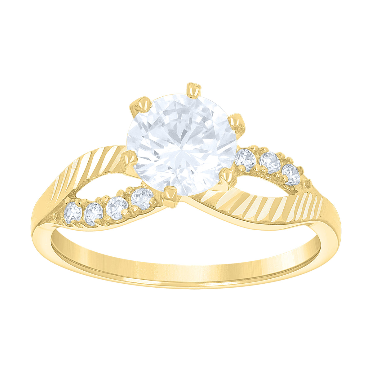 14Kt Gold Womens Two-Tone Cz Diamond-Cut Loop Center Round-Cut Stone Wedding Engagement Band Ring