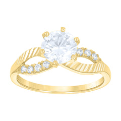 14Kt Gold Womens Two-Tone Cz Diamond-Cut Loop Center Round-Cut Stone Wedding Engagement Band Ring