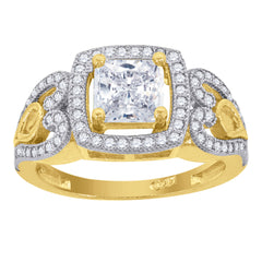 14Kt Gold Womens Two-Tone Cz Square Halo Center Side Hearts Wedding Engagement Band Ring