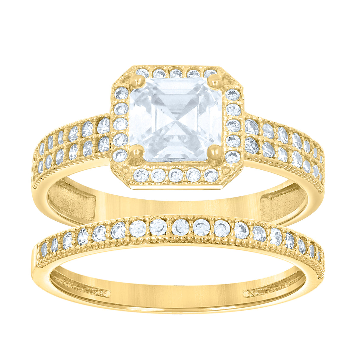 14Kt Gold Womens Two-Tone Cz Duo Center Princess-Cut Wedding Bridal Set Band Ring