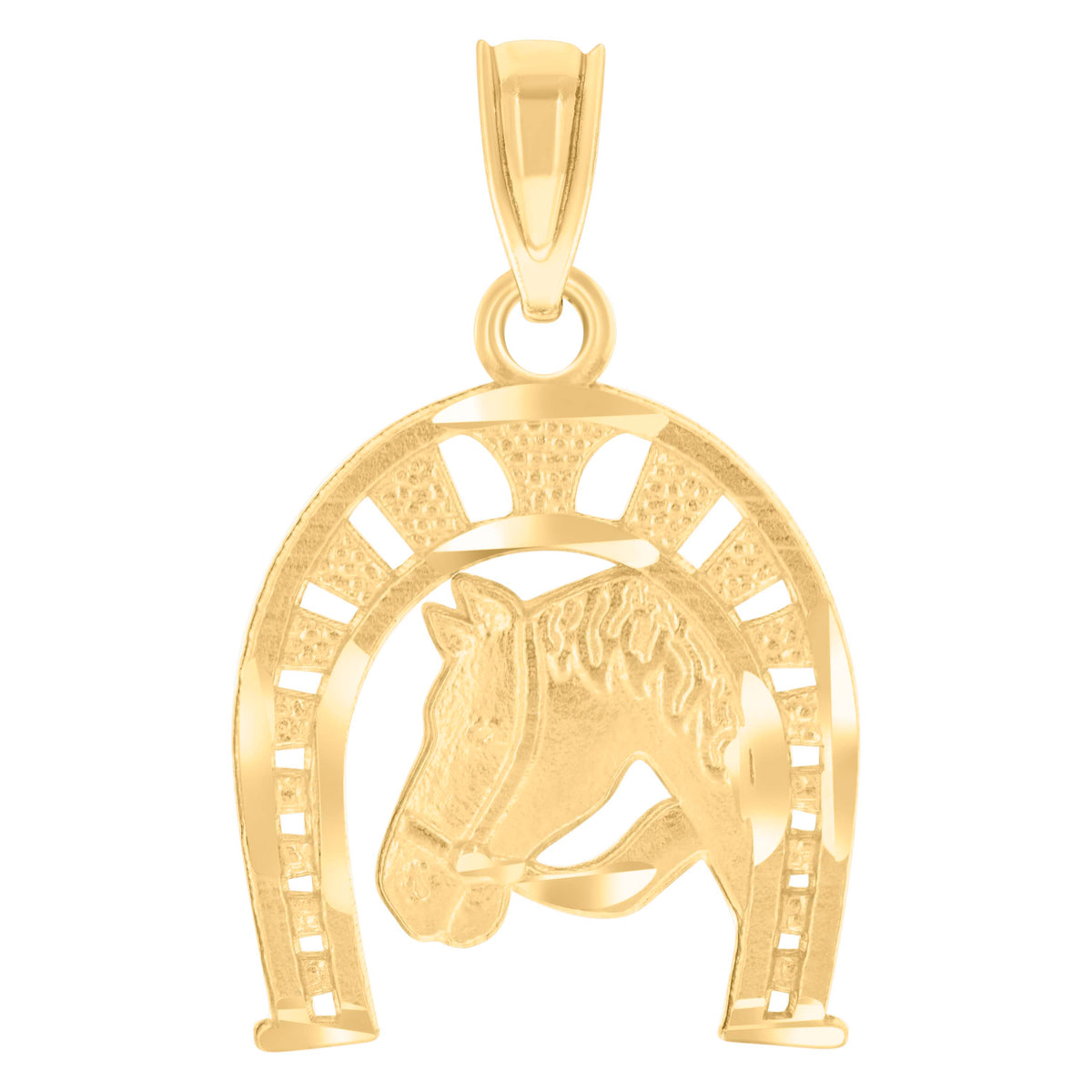 14Kt Yellow Gold Unisex Diamond-Cut Horse Shoe Animal Ht:21.5Mm Good Luck Pendant Charm