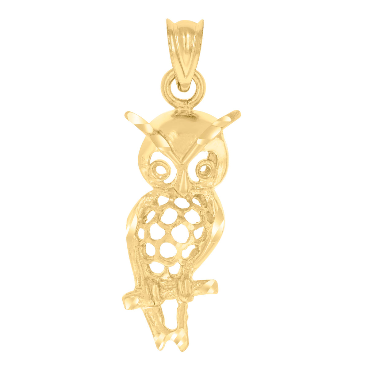 14Kt Yellow Gold Womens Diamond-Cut Owl Bird Ht:26.3Mm Pendant Charm