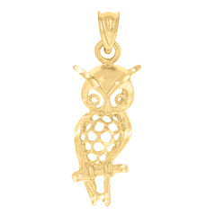 14Kt Yellow Gold Womens Diamond-Cut Owl Bird Ht:26.3Mm Pendant Charm