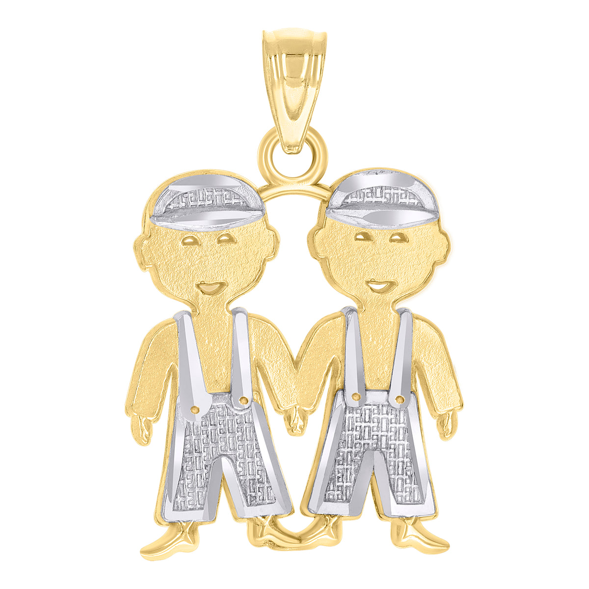 14Kt Two-Tone Gold Baby Diamond-Cut Textured Toddler Two Twin Boys Charm Baby Pendant