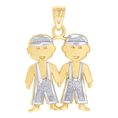 14Kt Two-Tone Gold Baby Diamond-Cut Textured Toddler Two Twin Boys Charm Baby Pendant