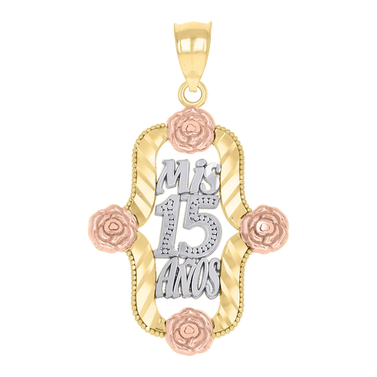 14Kt Gold Womens Tri-Color Diamond-Cut 15 Anos Flower Quinceanera Ht:31Mm Pendant Charm
