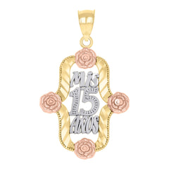14Kt Gold Womens Tri-Color Diamond-Cut 15 Anos Flower Quinceanera Ht:31Mm Pendant Charm