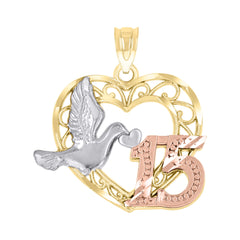 14Kt Gold Womens Tri-Color 15 Anos Pigeon Heart Quinceanera Ht:23Mm Pendant Charm
